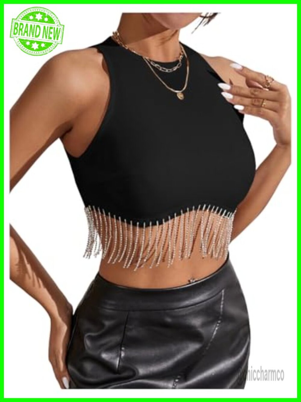 Rhinestone Fringe Sleeveless Fitted Micro Crop Top Party Club Going Out